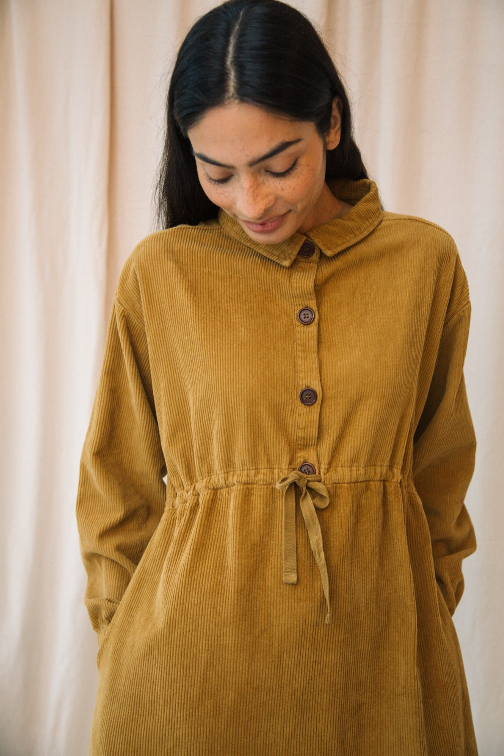 Yuri Organic Cotton Cord Dress in Ochre