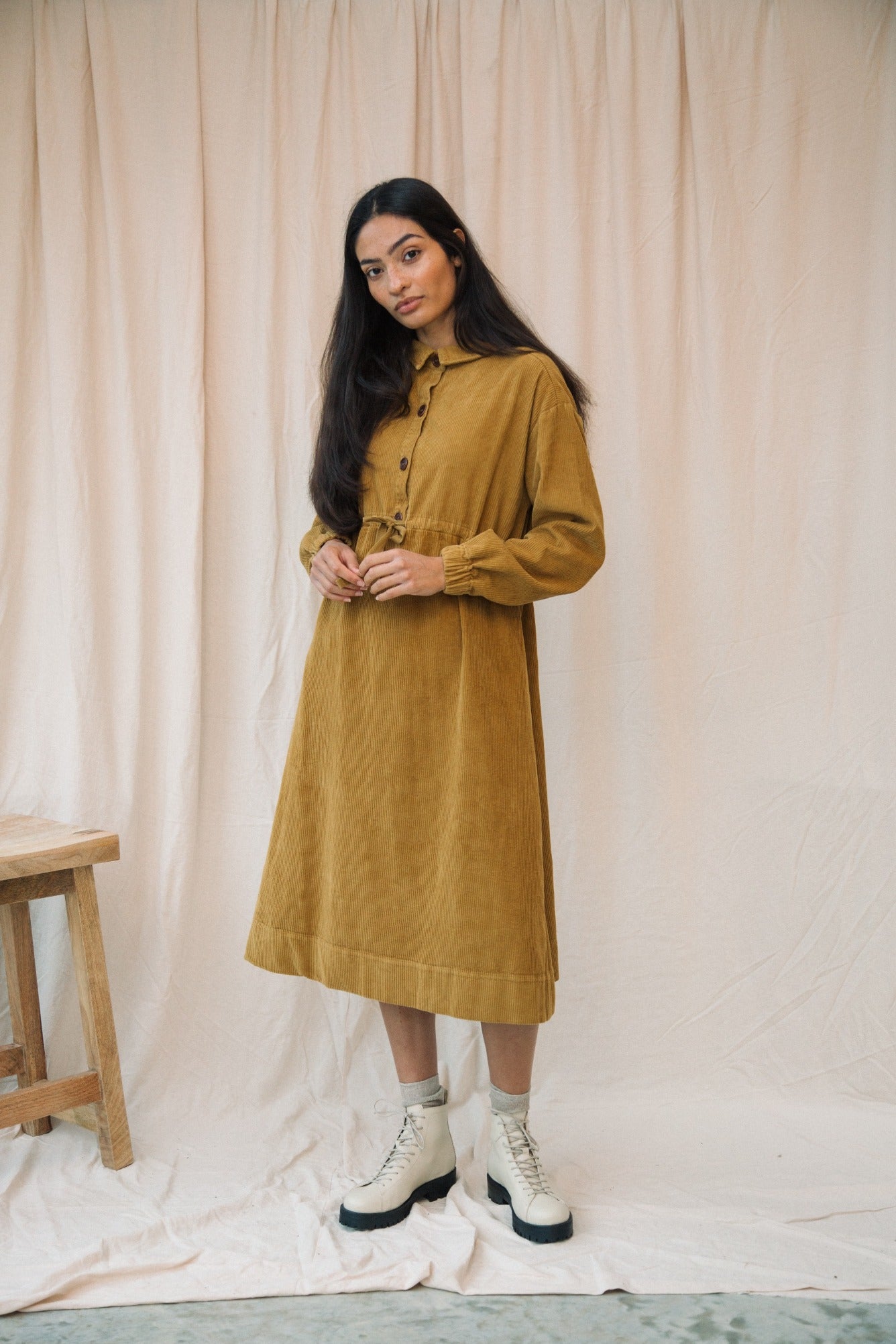 Yuri Organic Cotton Cord Dress in Ochre