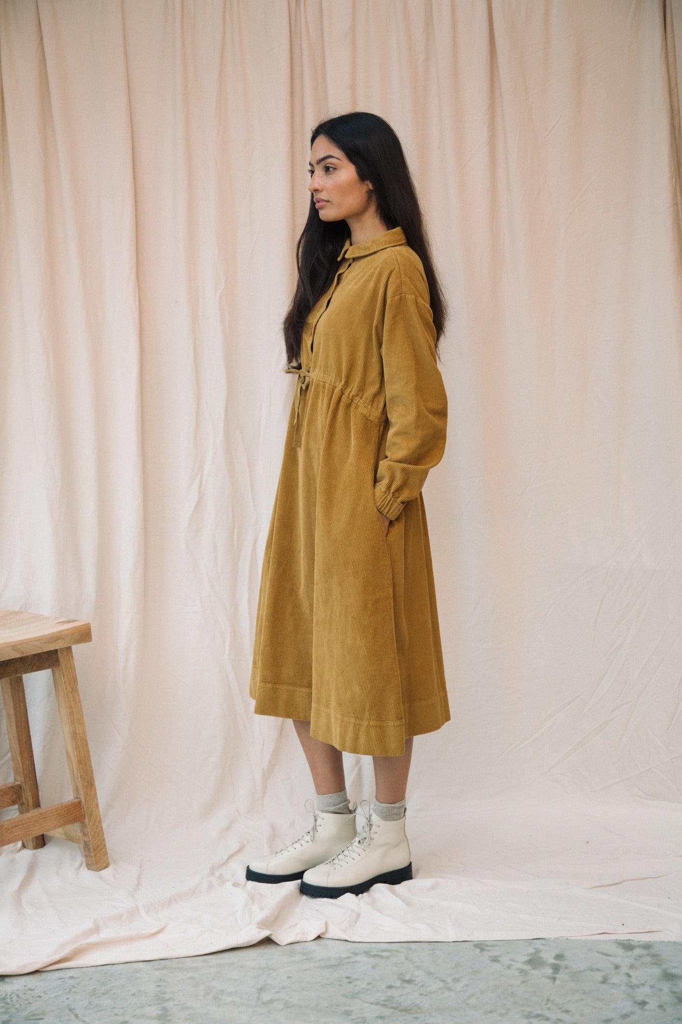 Yuri Organic Cotton Cord Dress in Ochre