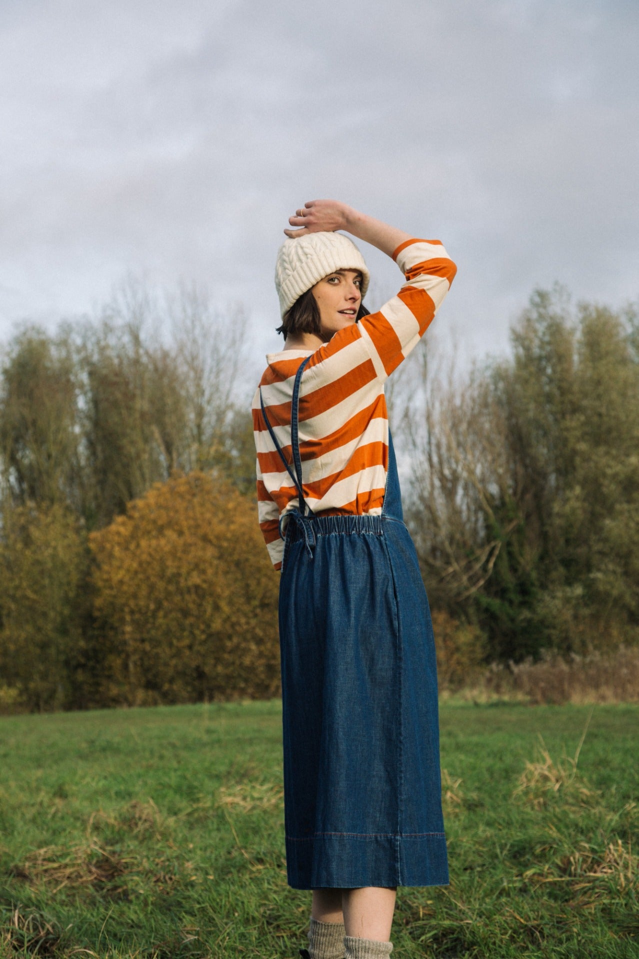 Katana-Leigh Organic Cotton Denim Pinafore Dress in Mid Blue