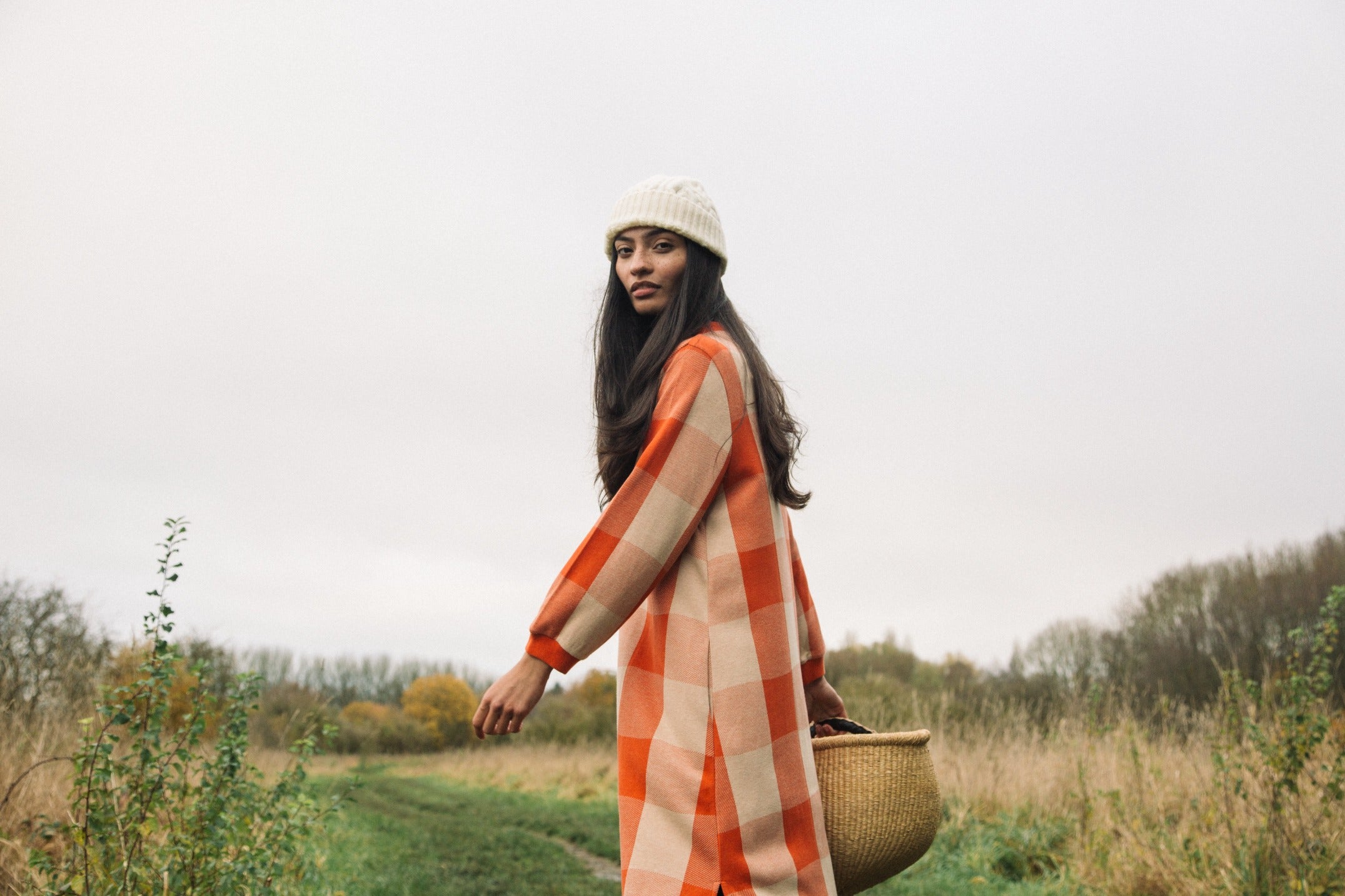 Miki Cay Organic Cotton Knitted Check Dress in Brick and Sand