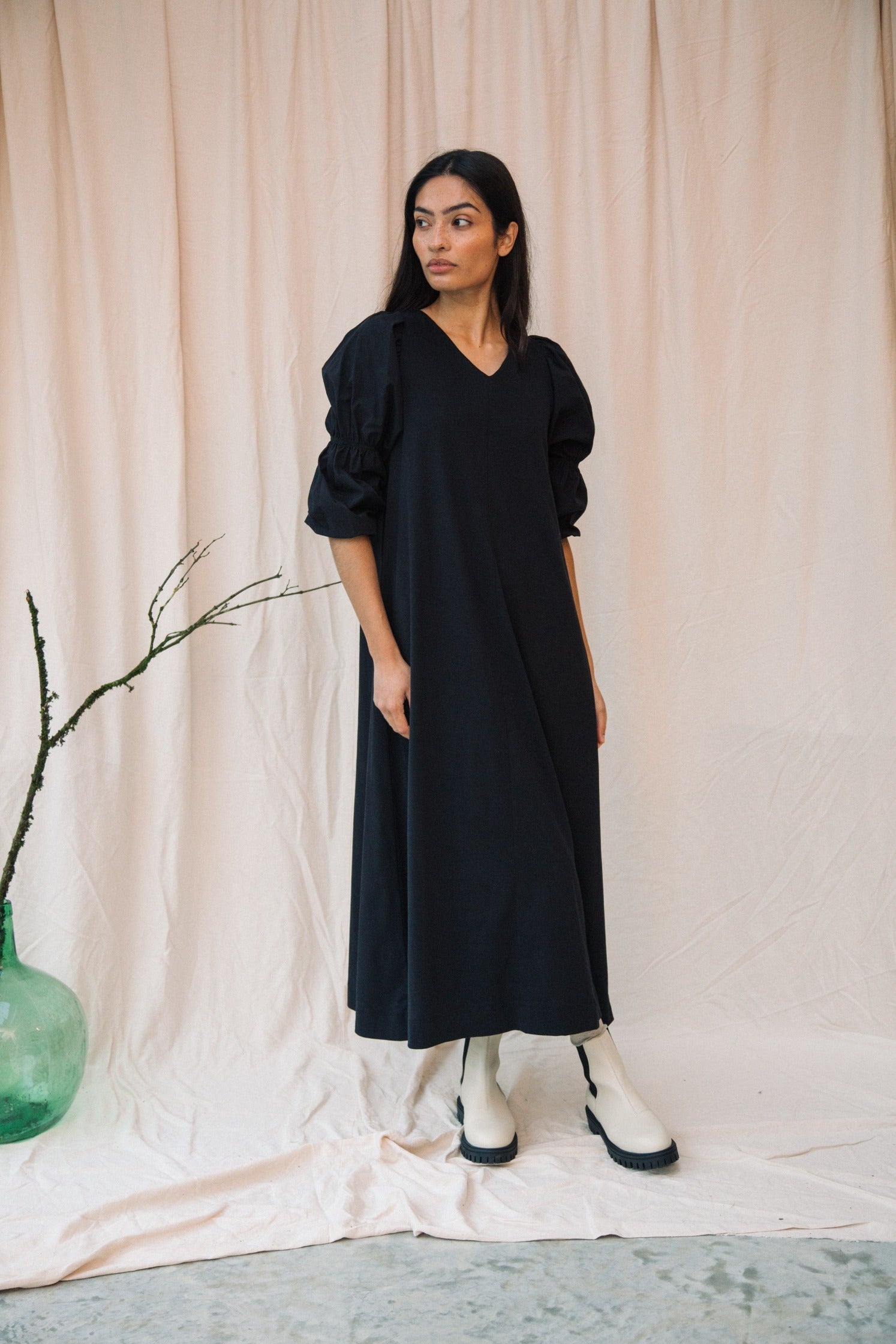 Sora Organic Cotton Jersey and Poplin Dress in Black