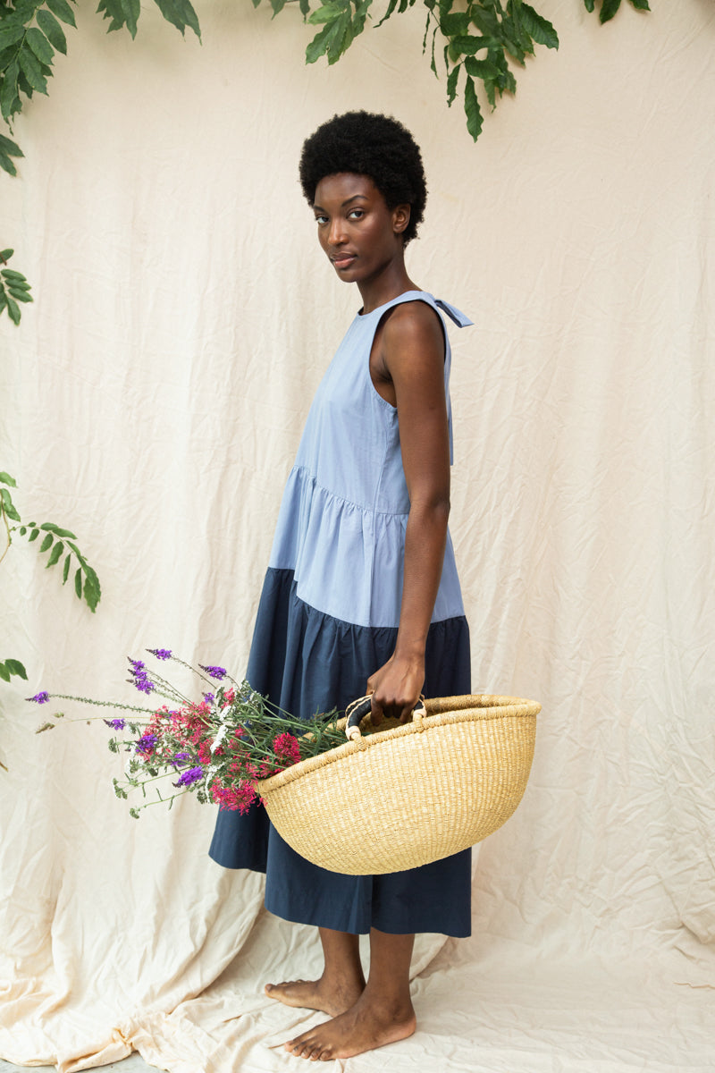 Noelle Organic Cotton Dress in Washed Blue and Midnight