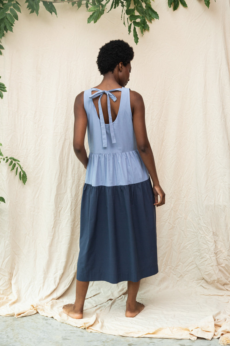 Noelle Organic Cotton Dress in Washed Blue and Midnight