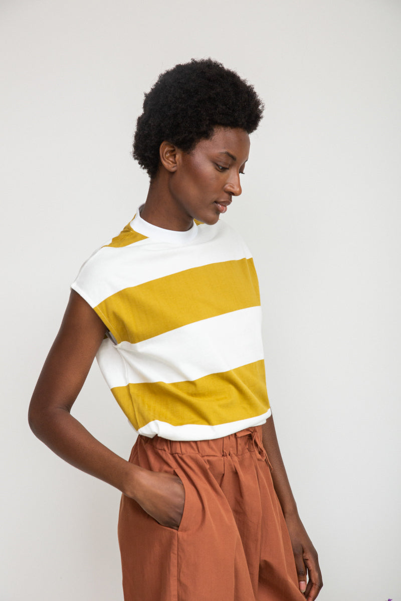 Aukai-Sue Organic Cotton Top in Olive and White Bold Stripe