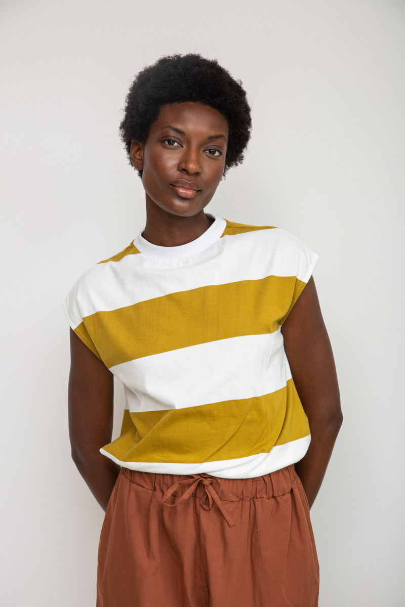 Aukai-Sue Organic Cotton Top in Olive and White Bold Stripe