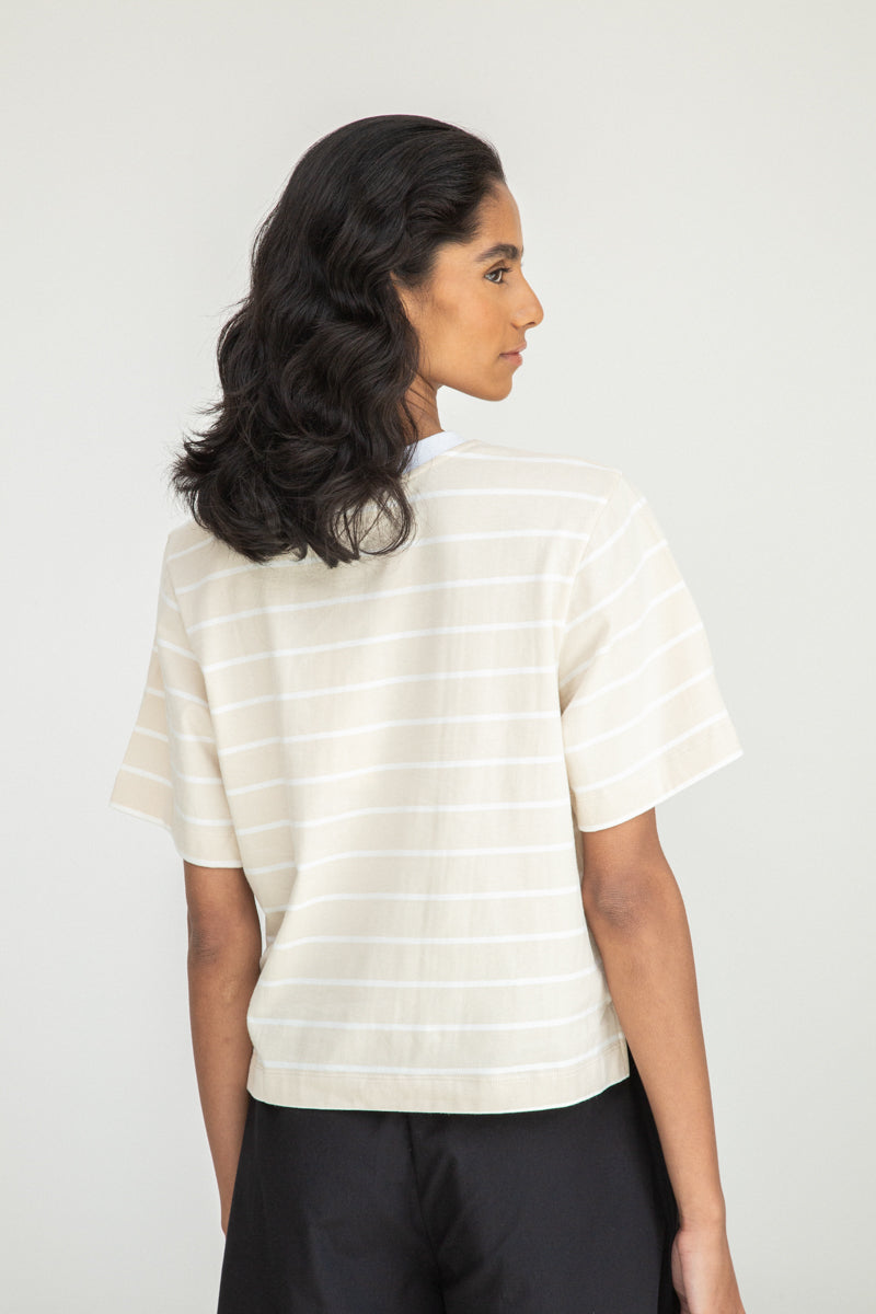 Bay-Sue Organic Cotton Top in Sand and White Thin Stripe