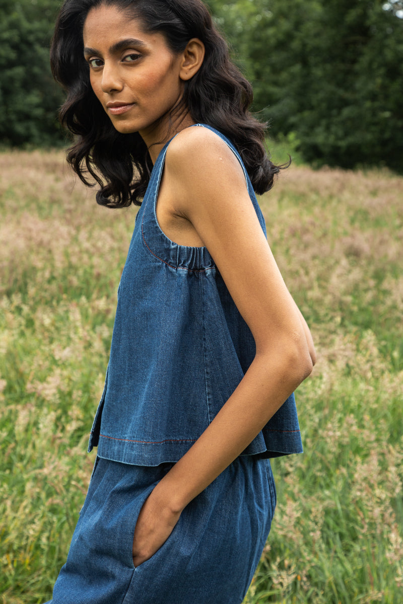 Jovie-Leigh Organic Cotton Denim Vest in Mid Blue