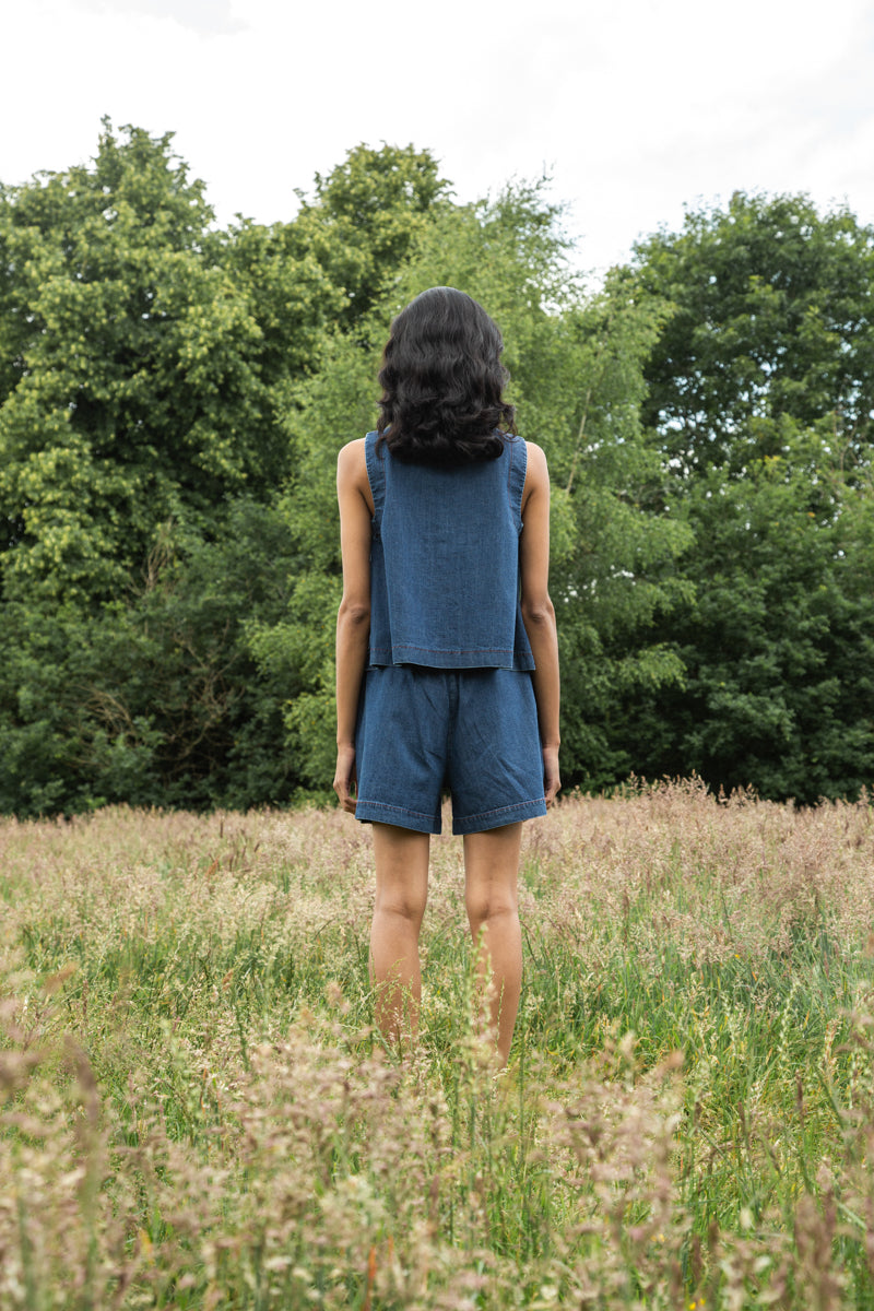 Jovie-Leigh Organic Cotton Denim Vest in Mid Blue