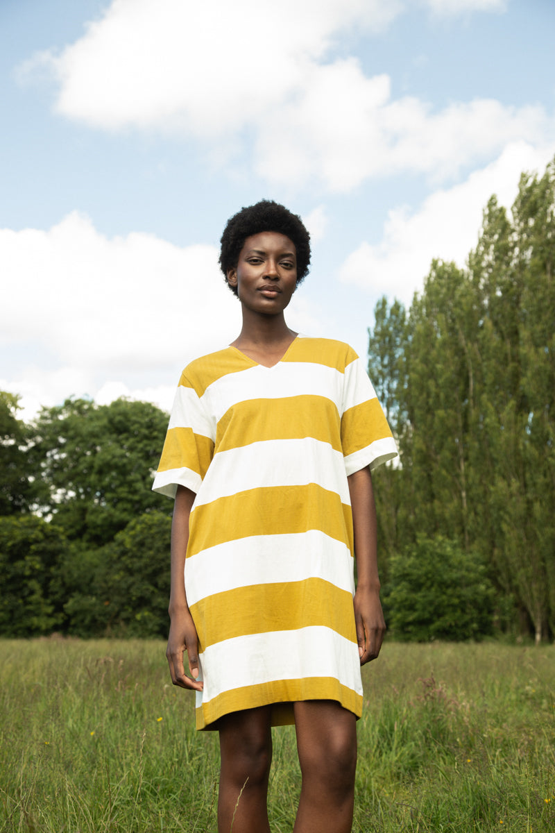 Sasha-Sue Organic Cotton Dress in Olive and White Bold Stripe