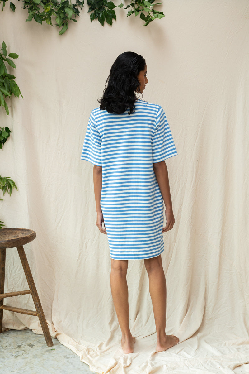 Sasha-Sue Organic Cotton Dress in Sea Blue and White