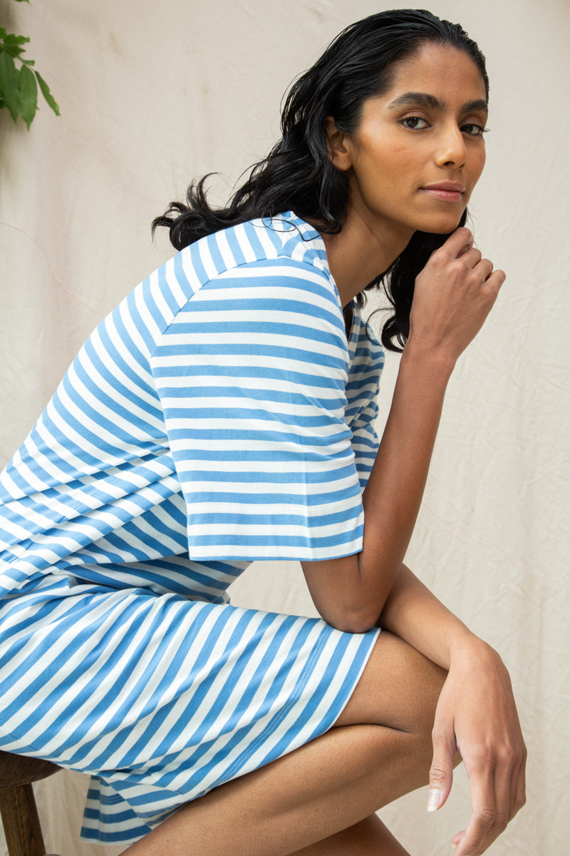 Sasha-Sue Organic Cotton Dress in Sea Blue and White