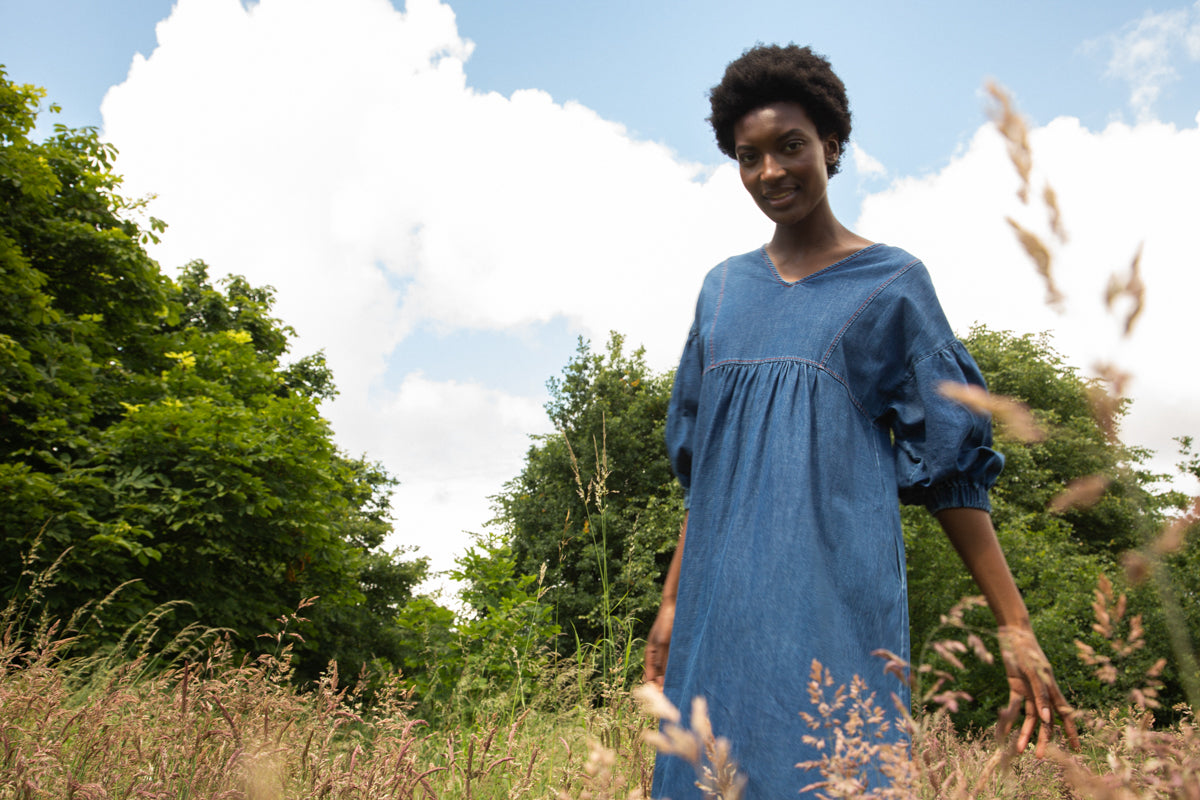 Harumi-Leigh Organic Cotton Denim Dress in Mid Blue